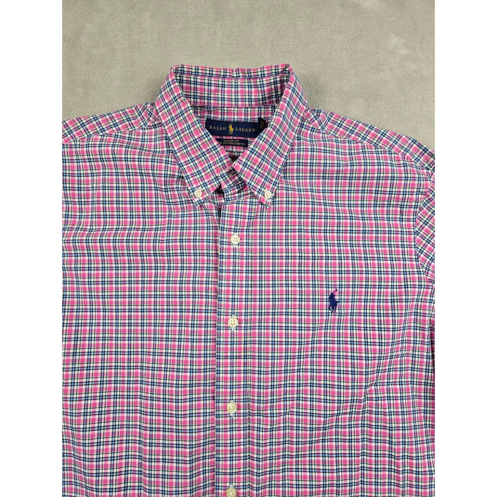 Ralph Lauren Button Down Shirt Mens L Blue Pink Plaid Classic Fit Cotton Stretch